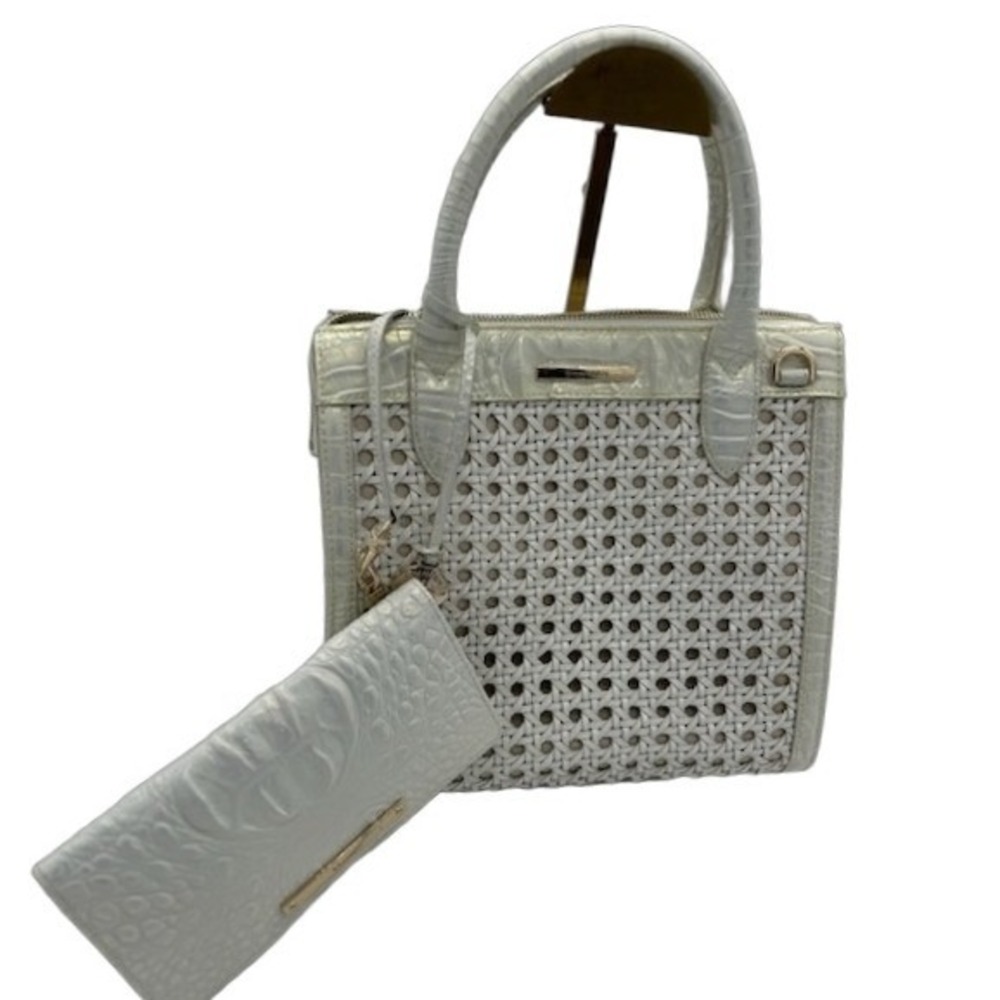 Brahmin White Croc-Embossed Woven Satchel with Matching Wallet